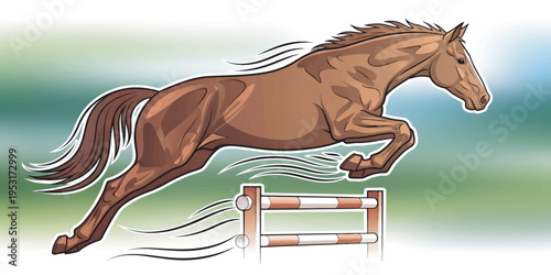 Brown Horse Jumping Over Obstacle Hurdle.