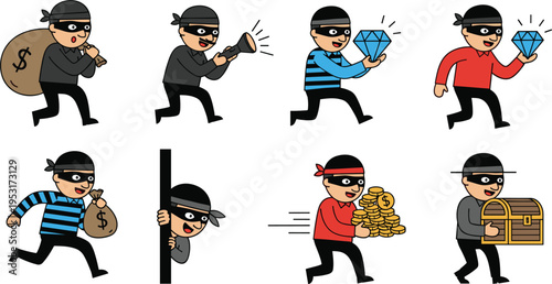 Cartoon Thief Character Flat Vector Icon Set Featuring Robbery Scenes, Money Bags, Gold Coins, Safe Breaking, and Criminal Activities Isolated on White Background