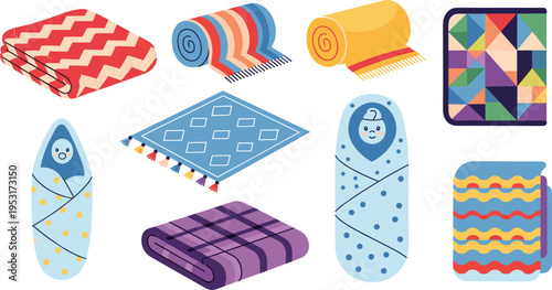 Colorful Blanket and Baby Swaddle Flat Vector Icon Set Featuring Cozy Throws, Patterned Quilts, Rolled Blankets, and Infant Wraps Isolated on White Background