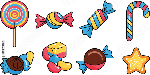 Colorful Candy and Sweet Treat Flat Vector Icon Set Featuring Lollipop, Wrapped Candies, Jelly Beans, Sugar Cube, and Cookie Star Isolated on White Background