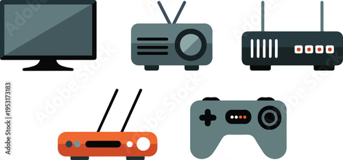 Set of wireless routers and television devices collection modern home internet technology equipment minimal outline vector illustrationPrint