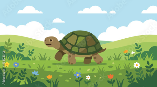 Turtle walking in green grass field.