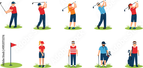golf player characters set, golfers swinging club illustration, professional golf sport collection, male female golfer icons, golf course sport activity