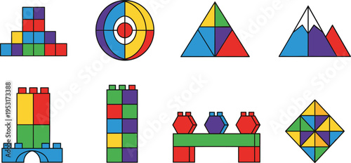 Colorful Geometric Toy Blocks Flat Vector Icon Set Featuring Educational Shapes, Puzzle Patterns, Building Bricks, and Kids Learning Elements Isolated on White Background
