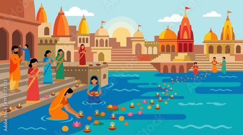 Women in traditional Indian clothing releasing floating lamps on a river.