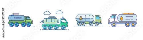 Cartoon oil tanker truck vector illustration set for transportation and industrial design needs