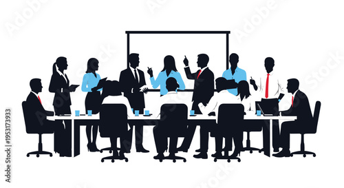 Silhouetted business people are engaged in a dynamic meeting around a conference table with a projection screen in a room.
