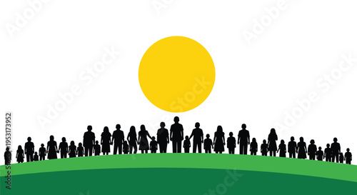 A diverse crowd of silhouetted people stands on a green hill under a large yellow sun against a white background.