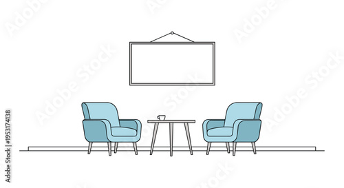 Two light blue armchairs face a small wooden coffee table with a cup under a blank picture frame on a white wall.