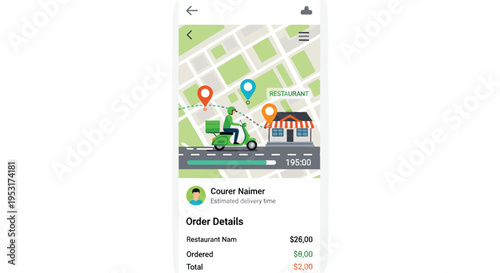 A mobile phone screen displays a food delivery app interface with a courier on a map and order details.