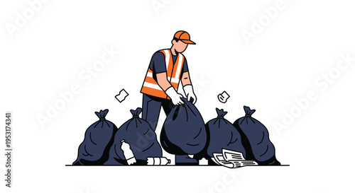 A sanitation worker in an orange vest and white gloves is collecting trash, adding a bag to a pile of black garbage bags with scattered waste.