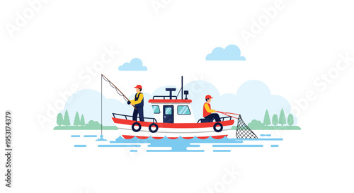 Two men are fishing from a red and white boat on calm blue water with trees and clouds in the background.