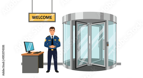 A male security guard stands by a revolving door and a desk with a computer, under a welcome sign.