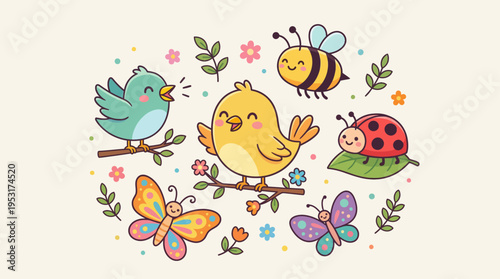 Cute Cartoon Animals and Insects Vector Set – Colorful Flat Kids Illustration