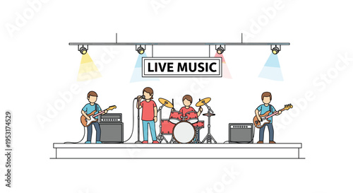 Four cartoon musicians are performing live music on a brightly lit stage with instruments and amplifiers.