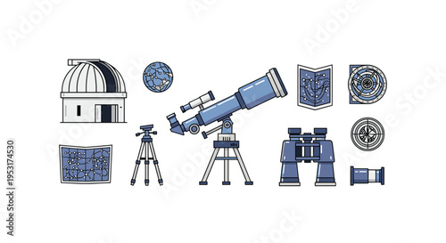 A collection of astronomy instruments including a telescope, binoculars, an observatory, star maps, and compasses is arranged on a white background.