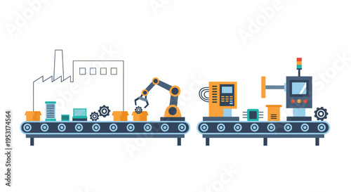 Two parallel conveyor belts with robotic arms and processing machinery operate in an industrial setting with a factory outline on a white background.