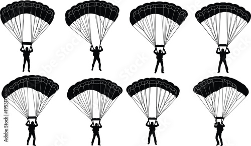 Parachute skydiver silhouettes parachuting sport extreme jump black silhouette collection isolated background adventure skydiving concept