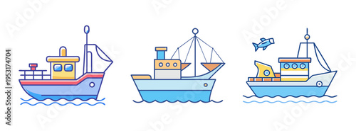 Cartoon fishing boats illustration set vector design for sea ocean travel and transportation