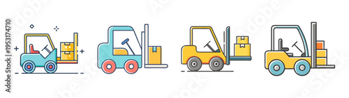Forklift trucks material handling equipment warehouse logistics transportation vehicle industry icon set