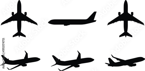 Passenger airplane silhouettes set top and side view commercial aircraft aviation transport jet plane vector illustration isolated collection