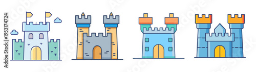 Vector illustration of fantasy castles towers with flags and doors design set for kids game