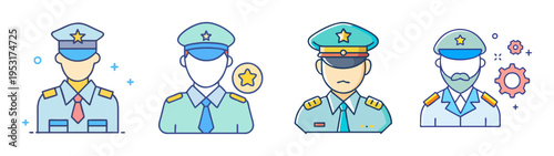 Colorful flat line art illustration of different military officer ranks and uniform styles shown