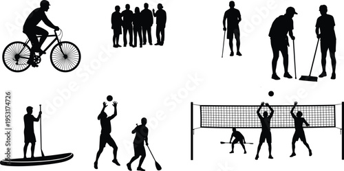 People activity silhouettes set cycling group talking cleaning sports paddle boarding volleyball players black silhouette collection isolated background