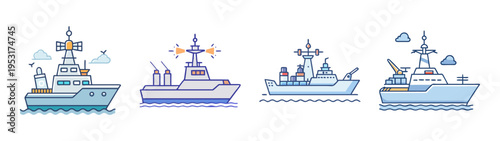 Vector illustration of naval ships and military vessels for maritime transport and defense use