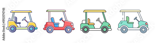 Golf carts vector illustration set in various colors golf course transportation vehicle design concept