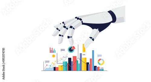 A white robotic hand reaches towards a collection of colorful bar charts and pie graphs on a clean white background.