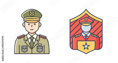 Illustration of military personnel and military rank insignia for army and navy forces