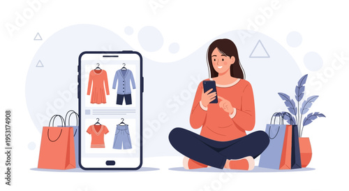 Woman shopping online for clothes on smartphone, surrounded by shopping bags
