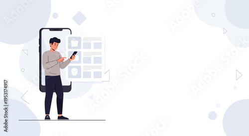 Man using smartphone, browsing online store or app interface, digital shopping concept