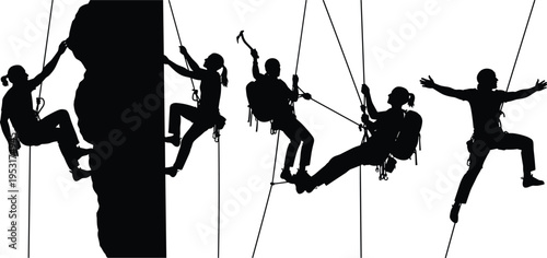 Rock climber and rope access worker silhouette climbing wall mountaineering adventure isolated black illustration set