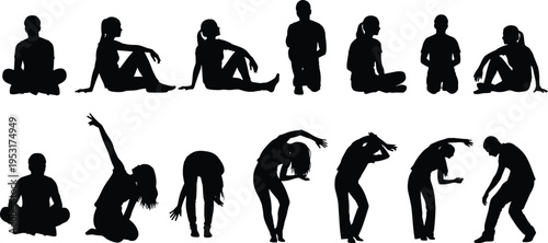 People sitting kneeling and stretching silhouette set, yoga meditation poses, human body movement lifestyle concept illustration