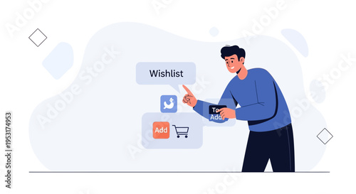 Man Interacting with Digital Interface: Wishlist, Add to Cart, and Social Media Icons