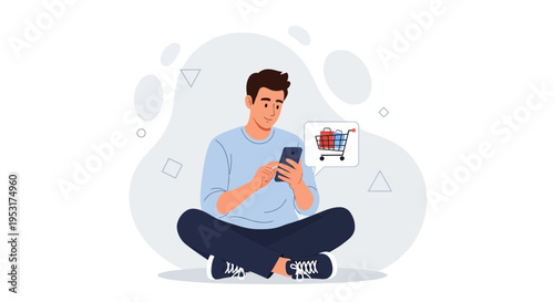Man using smartphone for online shopping with shopping cart icon