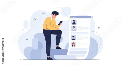 Man Using Smartphone Near Digital Resume List with Candidate Profiles