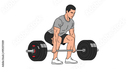 A muscular man in a grey t-shirt and black shorts lifts a barbell with black weight plates from the floor on a white background.