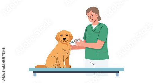 A female veterinarian in green scrubs administers a vaccine to a golden retriever puppy on an examination table.