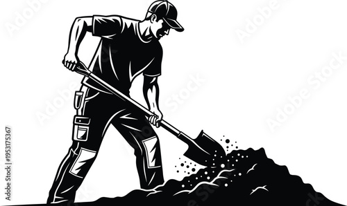 Black and white silhouette illustration of construction worker digging with shovel, wearing cap and work attire, symbolizing manual labor, hard work, soil excavation, and landscaping activity design