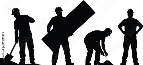 Black and white silhouette illustration of four construction workers wearing hard hats engaged in shoveling, carrying, crouching, and supervising tasks, symbolizing teamwork, manual labor