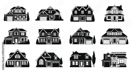 Set of twelve black and white house silhouettes with various architectural styles against a clean white background.