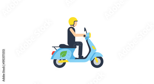 A person wearing a yellow helmet rides a light blue electric scooter with a green leaf emblem on its side.