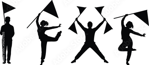 Black and white silhouette illustration of four performers holding flags in dynamic poses, symbolizing choreography, parade performance, expressive movement, celebration, and artistic flag dan