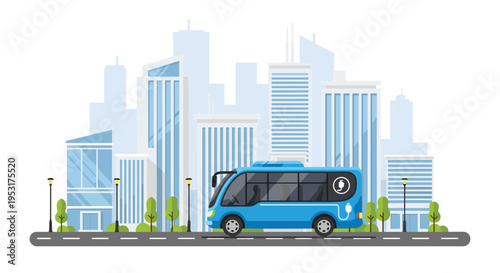 A blue electric bus drives on a city street in front of a skyline of modern buildings, with streetlights and trees.