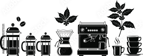 Black and white silhouette illustration of French press, pour-over, espresso machine, steaming cup, coffee beans, plant branches, and stacked cups, symbolizing coffee brewing, culture, a
