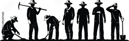 Black and white silhouette illustration of six farming workers wearing hats engaged in shoveling, hoeing, crouching, resting, and saluting, symbolizing agriculture, manual labor, tea