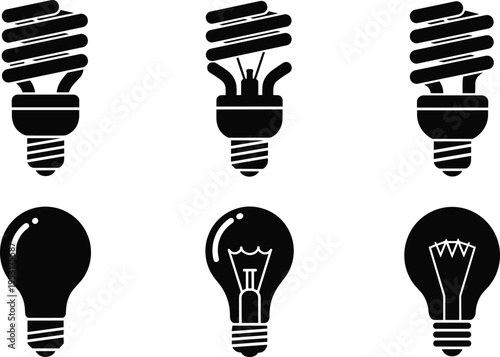 Black and white silhouette illustration of six light bulbs including compact fluorescent and incandescent designs, showcasing variations in energy technology, illumination, electric